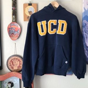 RUSSELL ATHLETIC UC DAVIS VINTAGE Y2K HOODIE IN NAVY AND YELLOW MENS SIZE SMALL